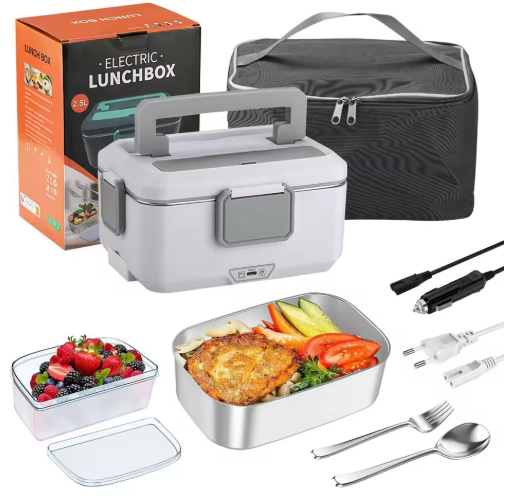 2,5L 90W Elektrische Heiz-Lunchbox 12/24/220V Edelstahl-Innenbehälter Tragbarer Speisenwärmer Bento-Box Lebensmittelbehälter Für Auto Und Zuhause
